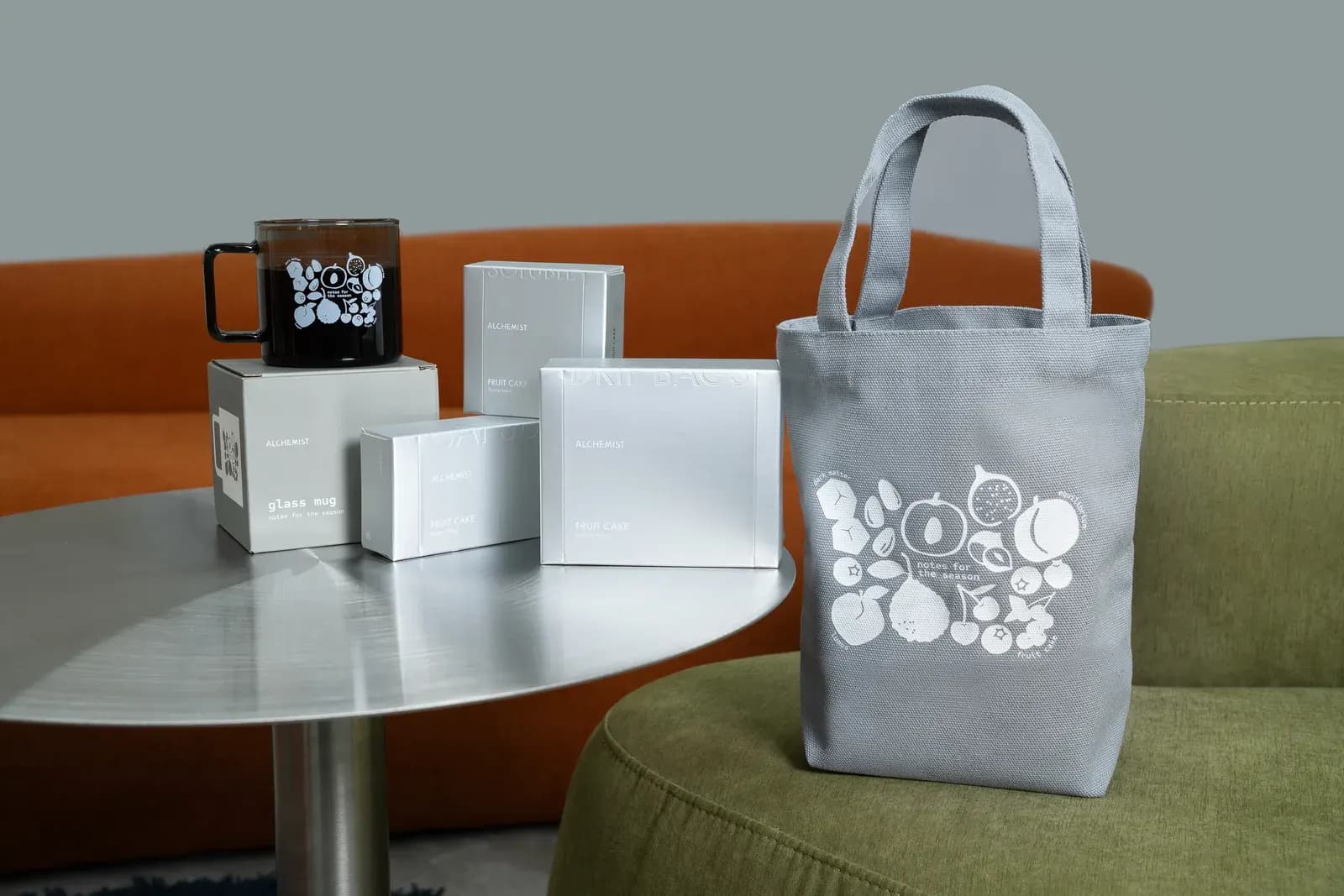 Alchemist notes for the season gift boxes, glass mug and tote bag