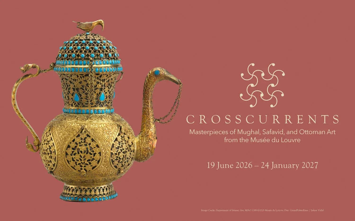 Crosscurrents key visual — a single object on a rose ground with a gold rosette