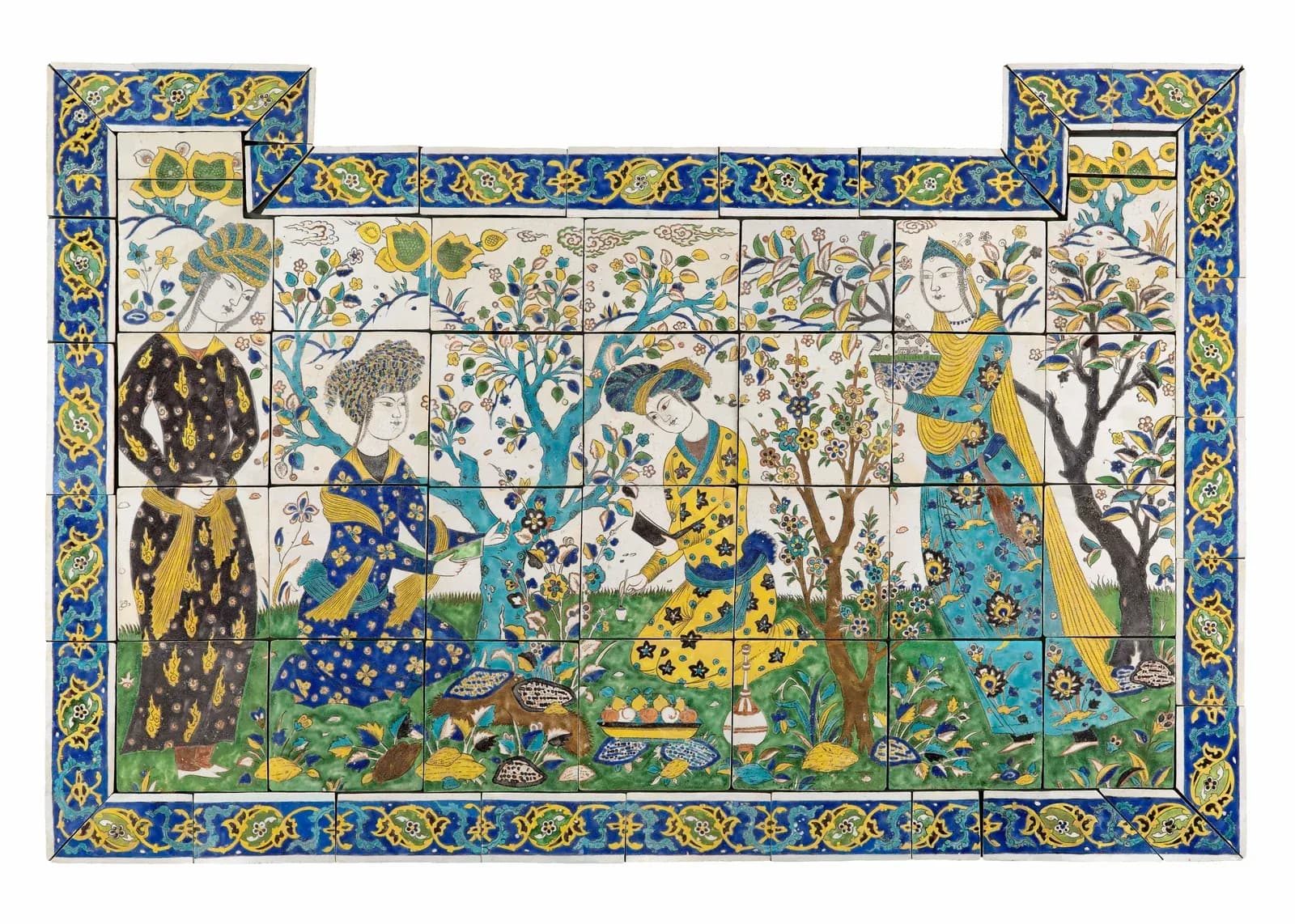Tiled panel showing a poetry contest, Iran, mid-17th century