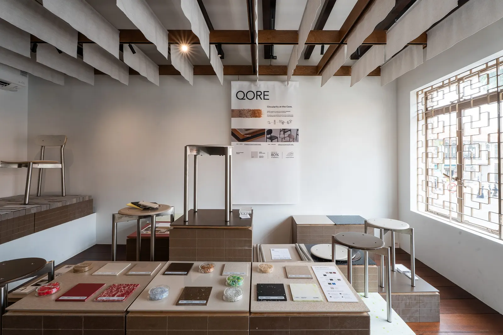 QORE material panels and Betterism Stools on display on Level 2 of Alchemist Arab Street