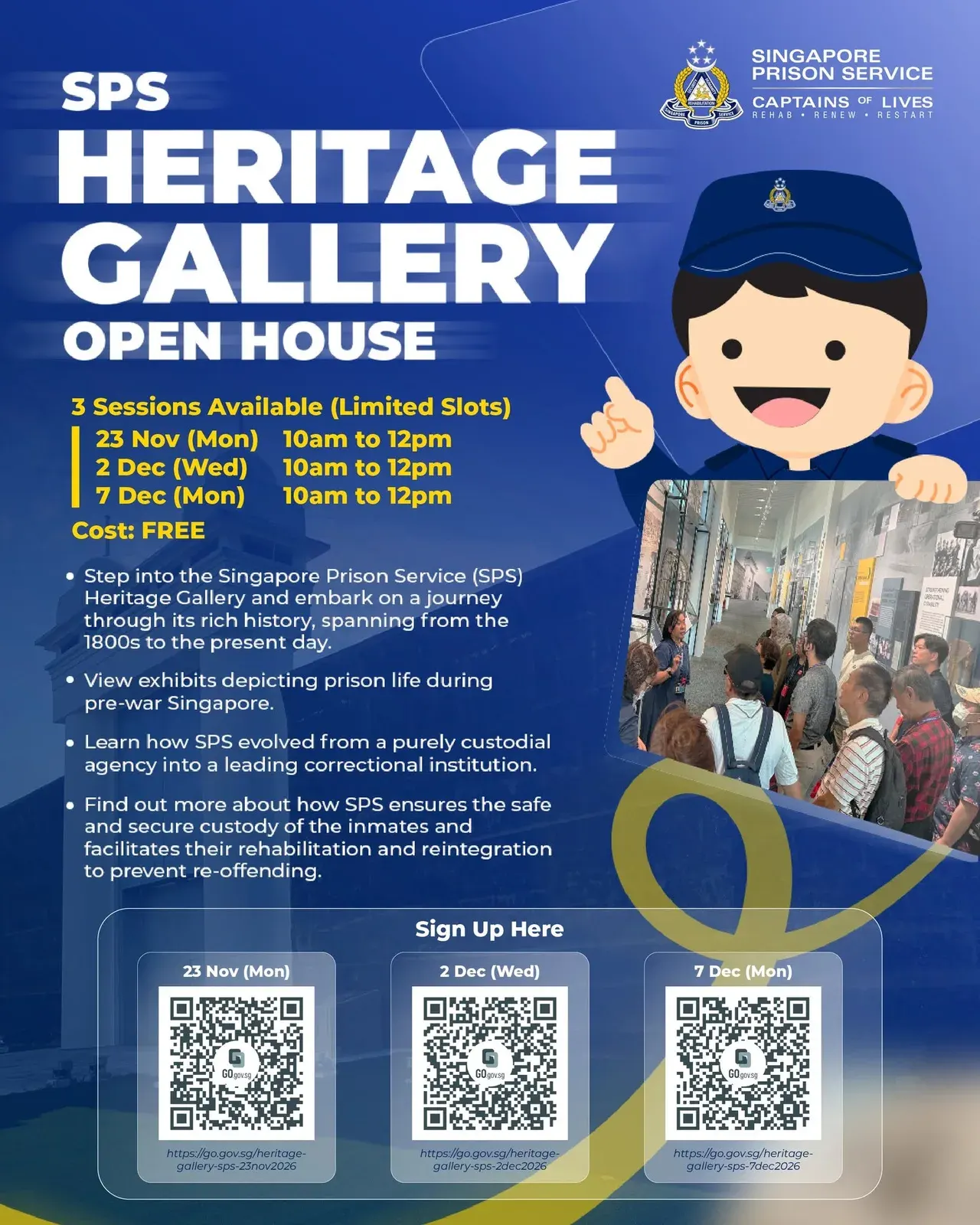 SPS Heritage Gallery Open House poster: three free sessions on 23 Nov, 2 Dec and 7 Dec, 10am to 12pm